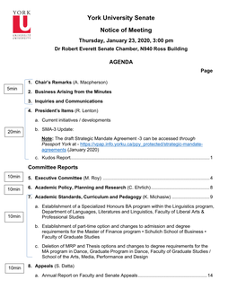 York University Senate Notice of Meeting Thursday, January 23, 2020, 3:00 Pm Dr Robert Everett Senate Chamber, N940 Ross Building