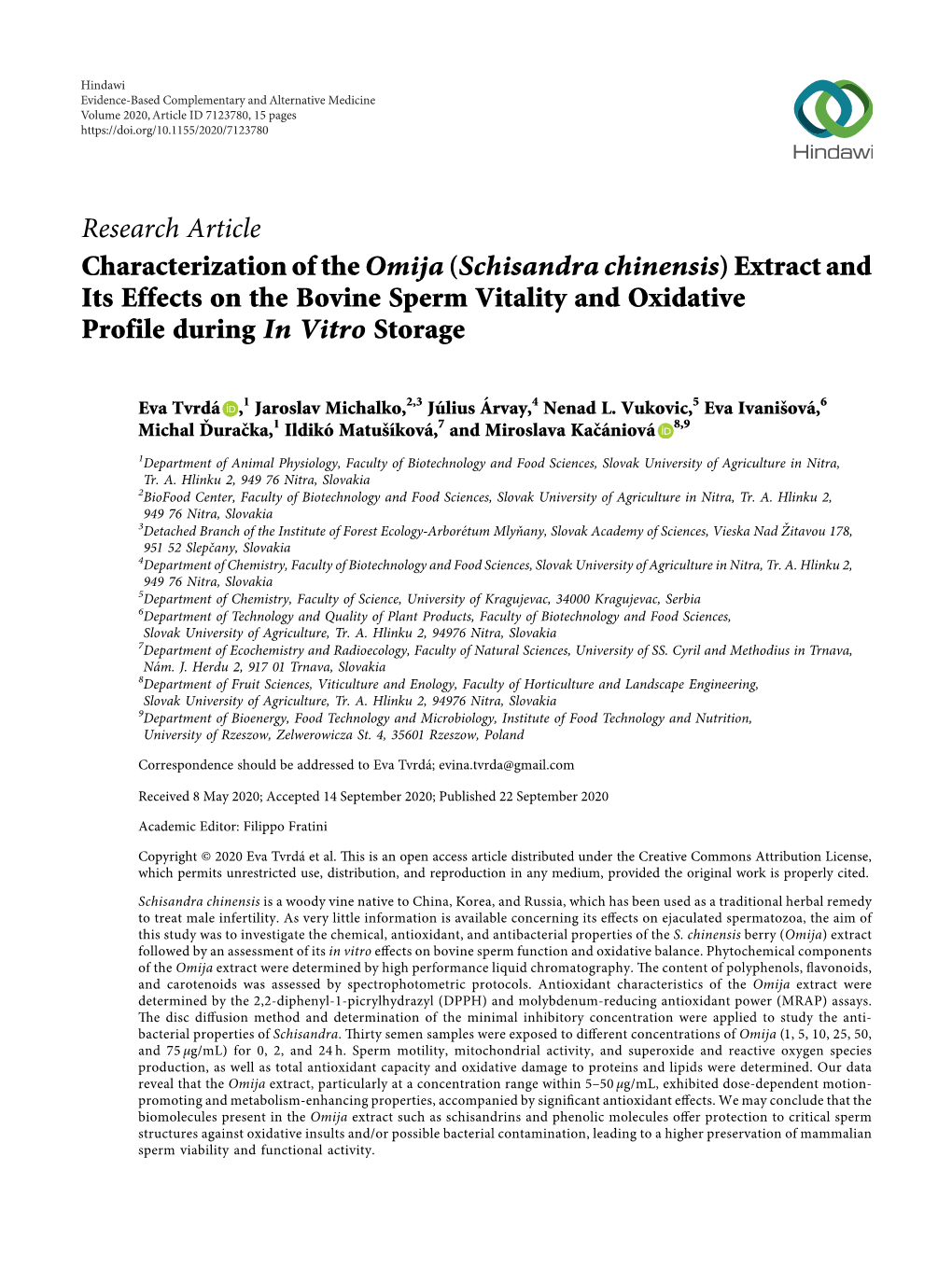 Characterization of the Omija (Schisandra Chinensis) Extract and Its Effects on the Bovine Sperm Vitality and Oxidative Profile During in Vitro Storage