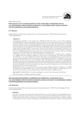 Phylogeny of Feather Mites of the Subfamily Pterodectinae (Acariformes: Proctophyllodidae) and Their Host Associations with Passerines (Passeriformes)