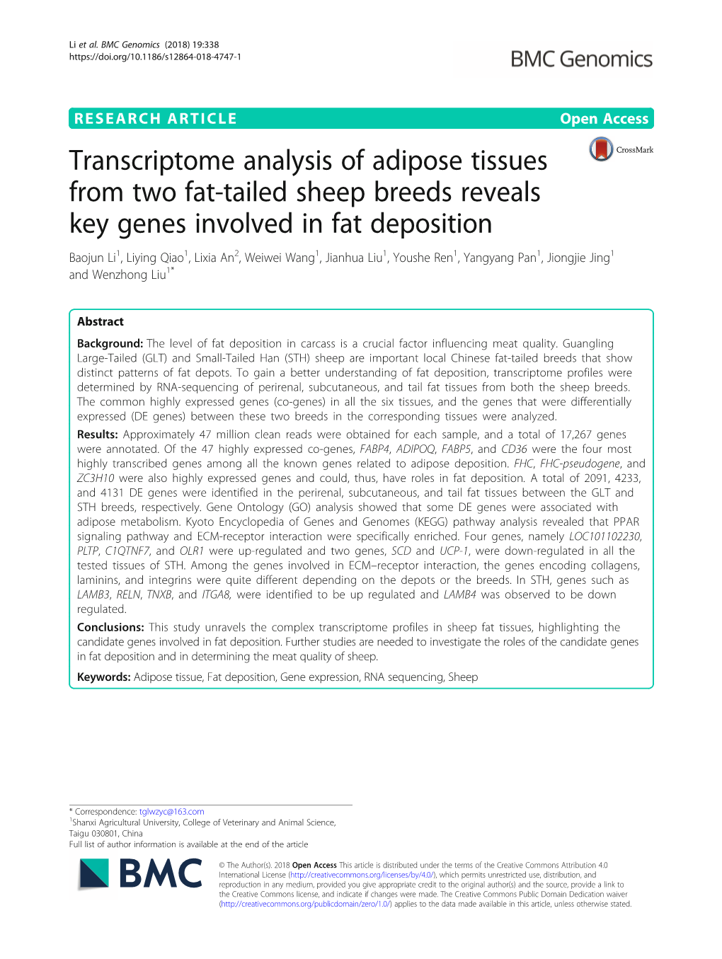 Transcriptome Analysis of Adipose Tissues from Two Fat-Tailed Sheep