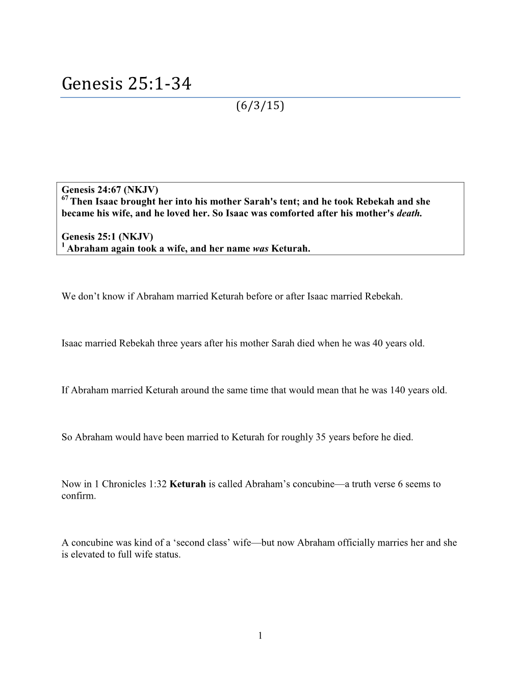 Genesis 25:1-34 (6/3/15)