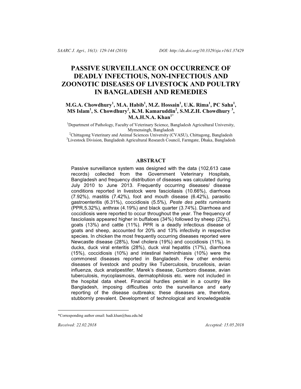 Passive Surveillance on Occurrence of Deadly Infectious, Non-Infectious and Zoonotic Diseases of Livestock and Poultry in Bangladesh and Remedies