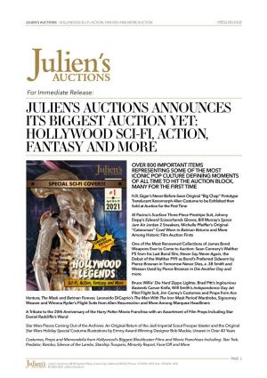 Hollywood Sci-Fi, Action, Fantasy and More Auction Press Release