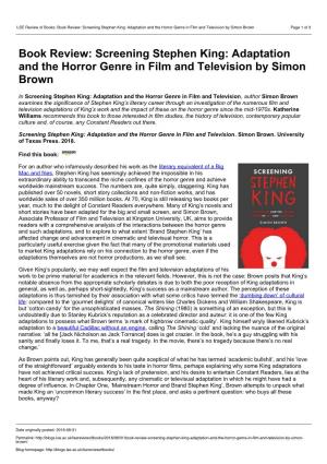 Book Review: Screening Stephen King: Adaptation and the Horror Genre in Film and Television by Simon Brown Page 1 of 3