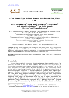 A New Ursane Type Sulfated Saponin from Zygophyllum Fabago Linn