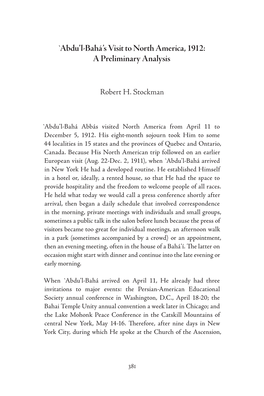 `Abdu'l-Bahá's Visit to North America, 1912: a Preliminary Analysis