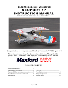 ELECTRIC 60-INCH WINGSPAN NEUPORT 17 INSTRUCTION MANUAL Entire Contents Copyright 2014 Maxford USA