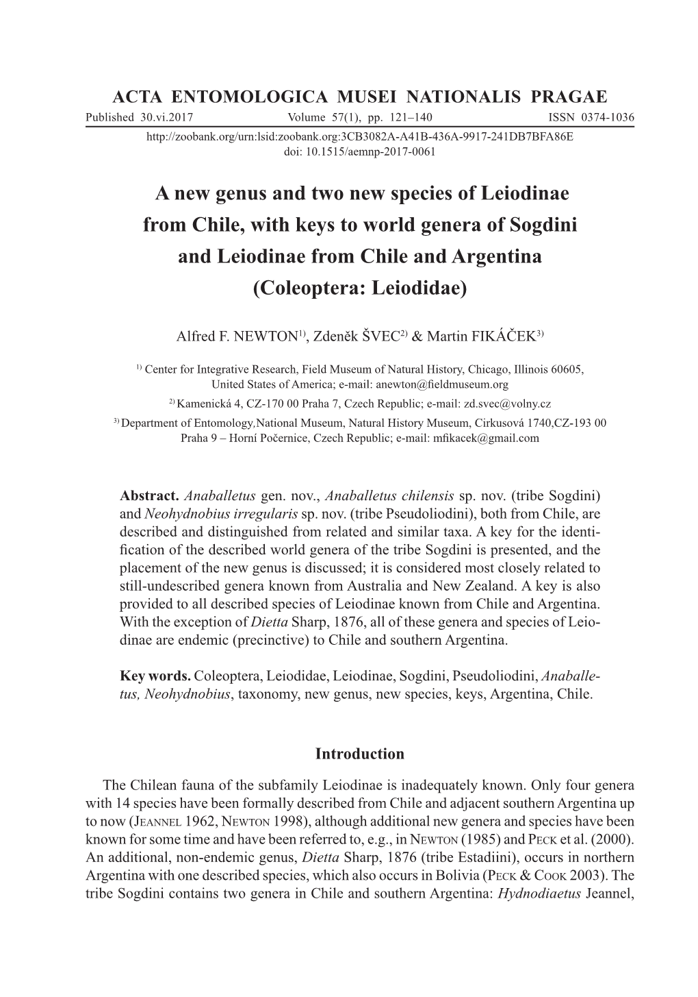 A New Genus and Two New Species of Leiodinae from Chile, with Keys to World Genera of Sogdini and Leiodinae from Chile and Argentina (Coleoptera: Leiodidae)