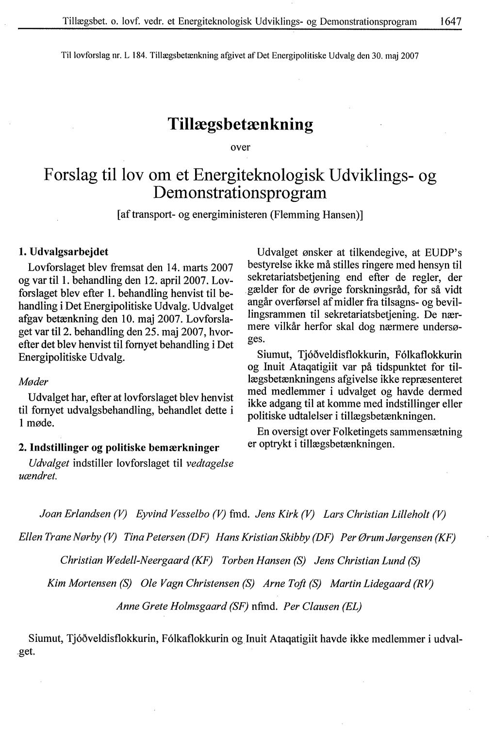 Tillægsbet. O. Lovf. Vedr. Et Energiteknologisk Udviklings- Og Dernonstrationsorogram 1647