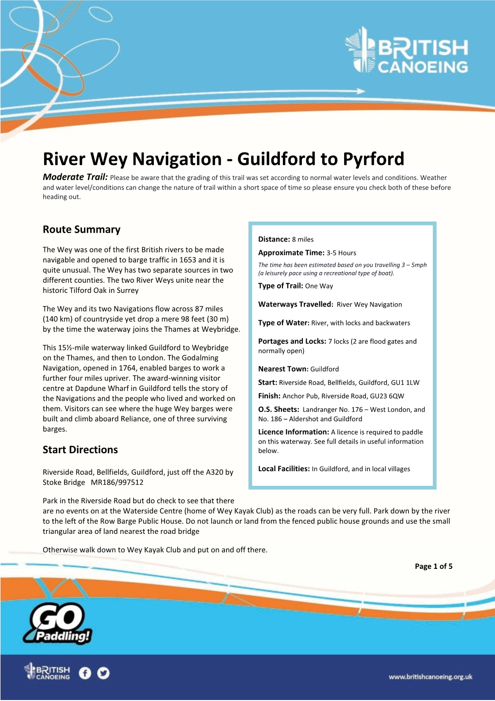 River Wey Navigation - Guildford to Pyrford Moderate Trail: Please Be Aware That the Grading of This Trail Was Set According to Normal Water Levels and Conditions