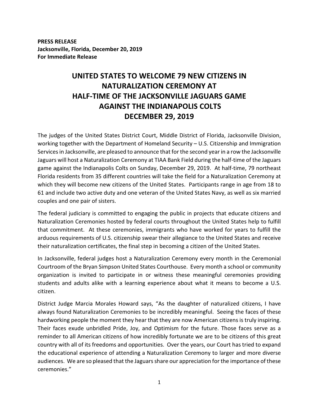 United States to Welcome 79 New Citizens in Naturalization Ceremony at Half-Time of the Jacksonville Jaguars Game Against the Indianapolis Colts December 29, 2019