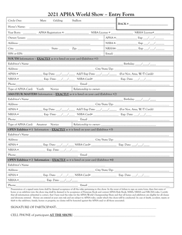 2021 APHA World Show Class Entry Form