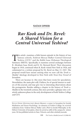 Rav Kook and Dr. Revel: a Shared Vision for a Central Universal Yeshiva?
