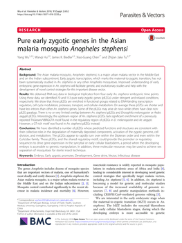 Pure Early Zygotic Genes in the Asian Malaria Mosquito Anopheles Stephensi Yang Wu1,2,3, Wanqi Hu2,3, James K