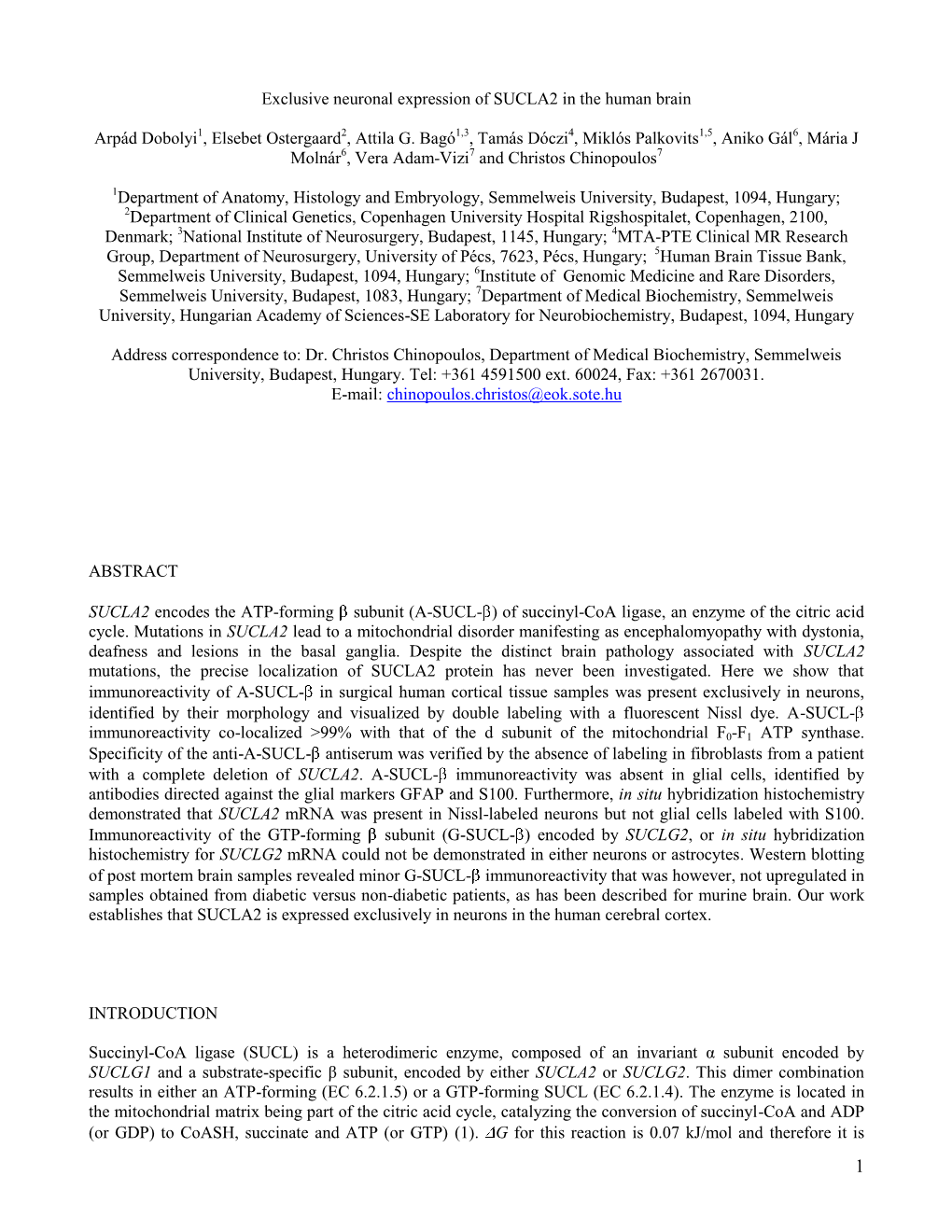 Exclusive Neuronal Expression of SUCLA2 in the Human Brain