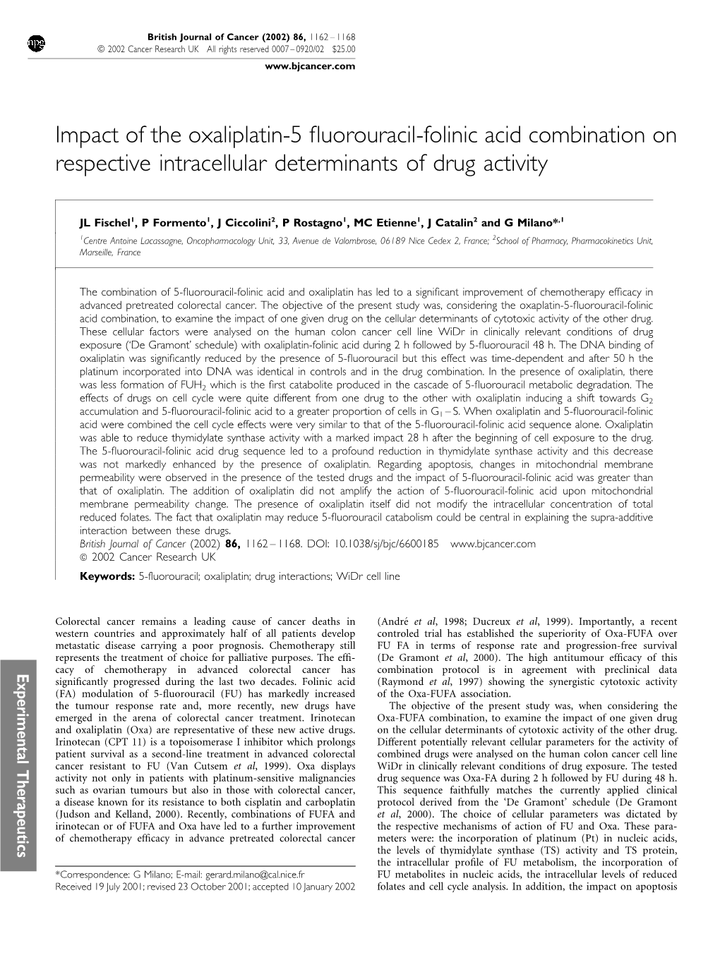 Impact of the Oxaliplatin-5 Fluorouracil-Folinic Acid Combination