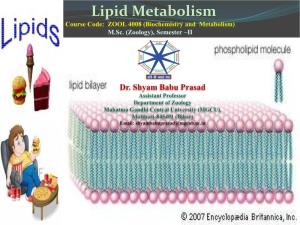 Lipid Metabolism Course Code: ZOOL 4008 (Biochemistry and Metabolism) M.Sc