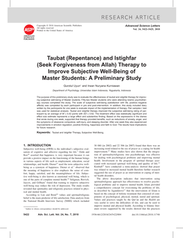 Taubat (Repentance) and Istighfar (Seek Forgiveness from Allah) Therapy to Improve Subjective Well-Being of Master Students: a Preliminary Study