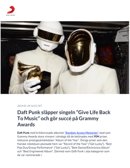 Daft Punk Släpper Singeln “Give Life Back to Music” Och Gör Succé På Grammy Awards