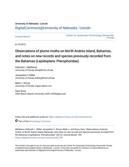 Observations of Plume Moths on North Andros Island, Bahamas, and Notes on New Records and Species Previously Recorded from the Bahamas (Lepidoptera: Pterophoridae)