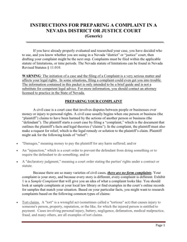 INSTRUCTIONS for PREPARING a COMPLAINT in a NEVADA DISTRICT OR JUSTICE COURT (Generic)