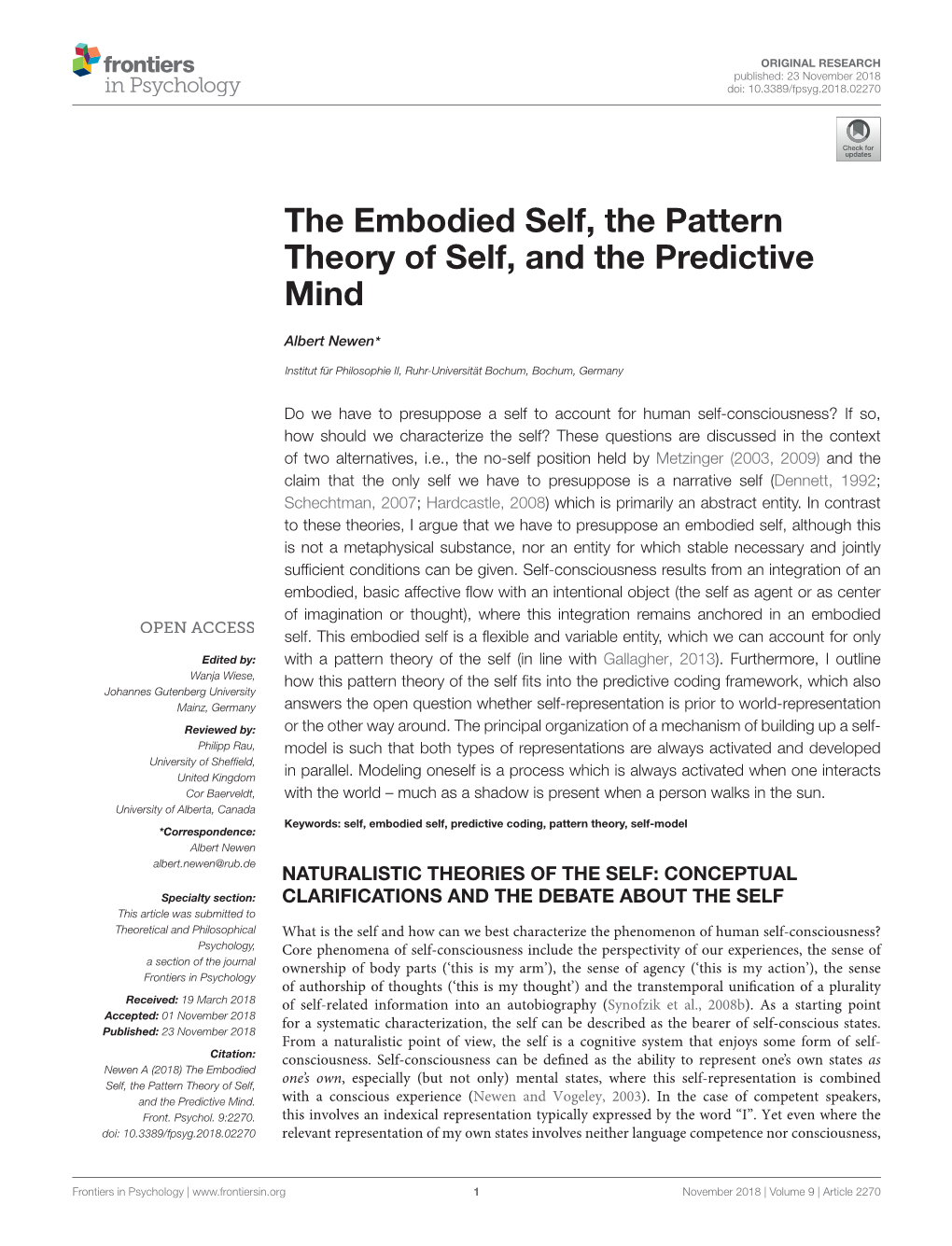 The Embodied Self, the Pattern Theory of Self, and the Predictive Mind