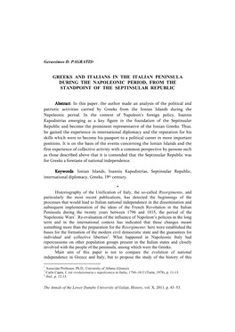 Greeks and Italians in the Italian Peninsula During the Napoleonic Period, from the Standpoint of the Septinsular Republic