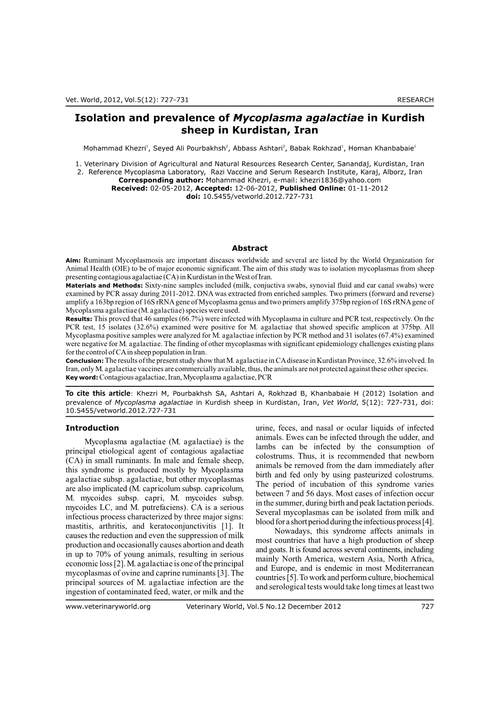 Isolation and Prevalence of Mycoplasma Agalactiae in Sheep In