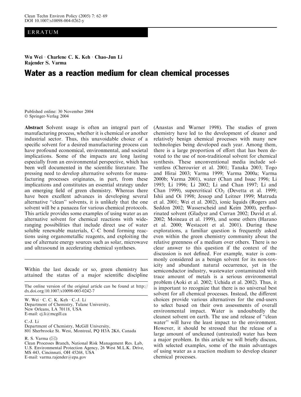 Water As a Reaction Medium for Clean Chemical Processes