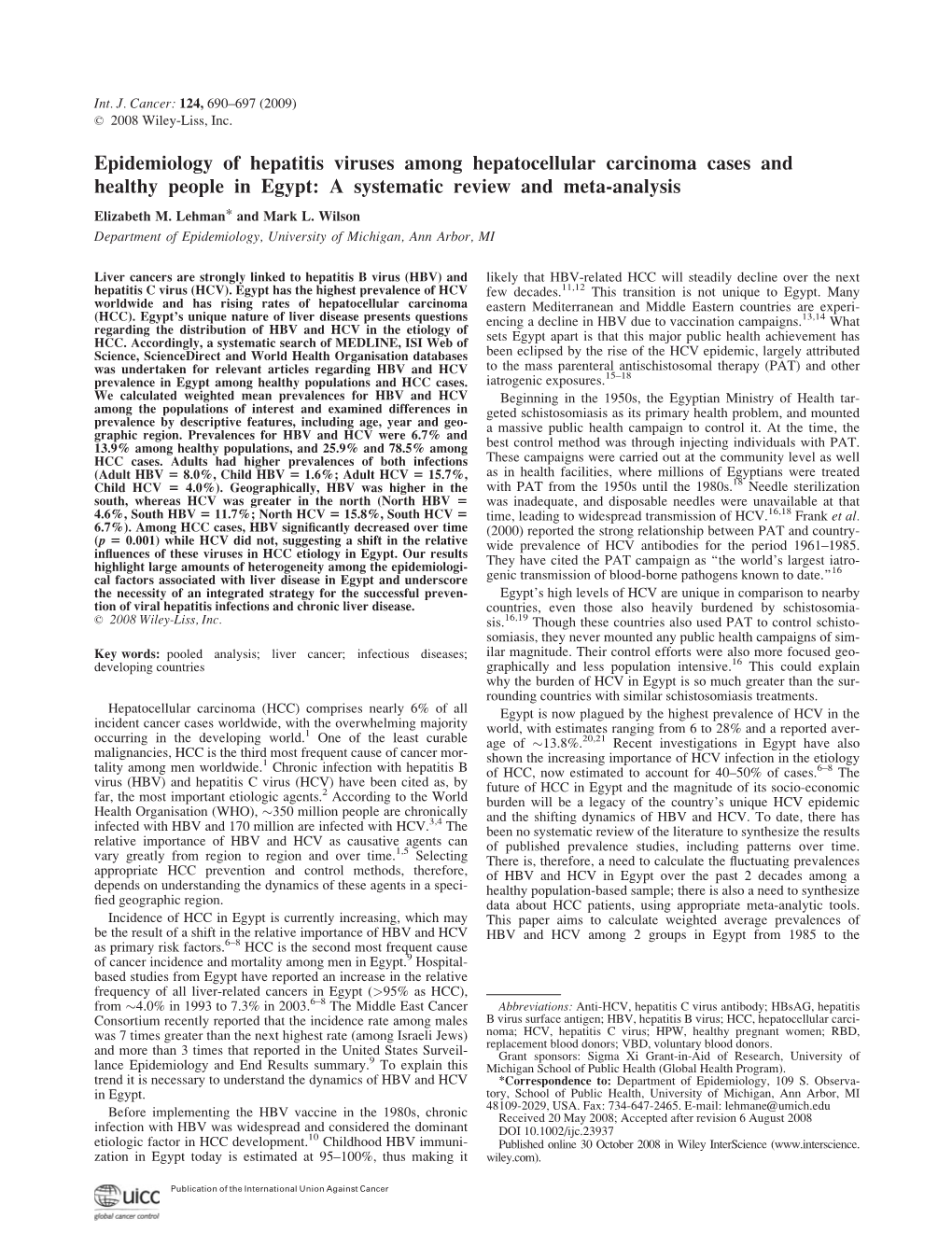 Epidemiology of Hepatitis Viruses Among Hepatocellular Carcinoma Cases and Healthy People in Egypt: a Systematic Review and Meta-Analysis Elizabeth M