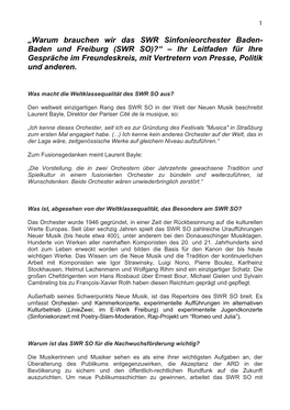 „Warum Brauchen Wir Das SWR Sinfonieorchester Baden- Baden