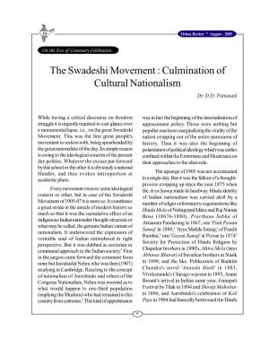 The Swadeshi Movement : Culmination of Cultural Nationalism Dr