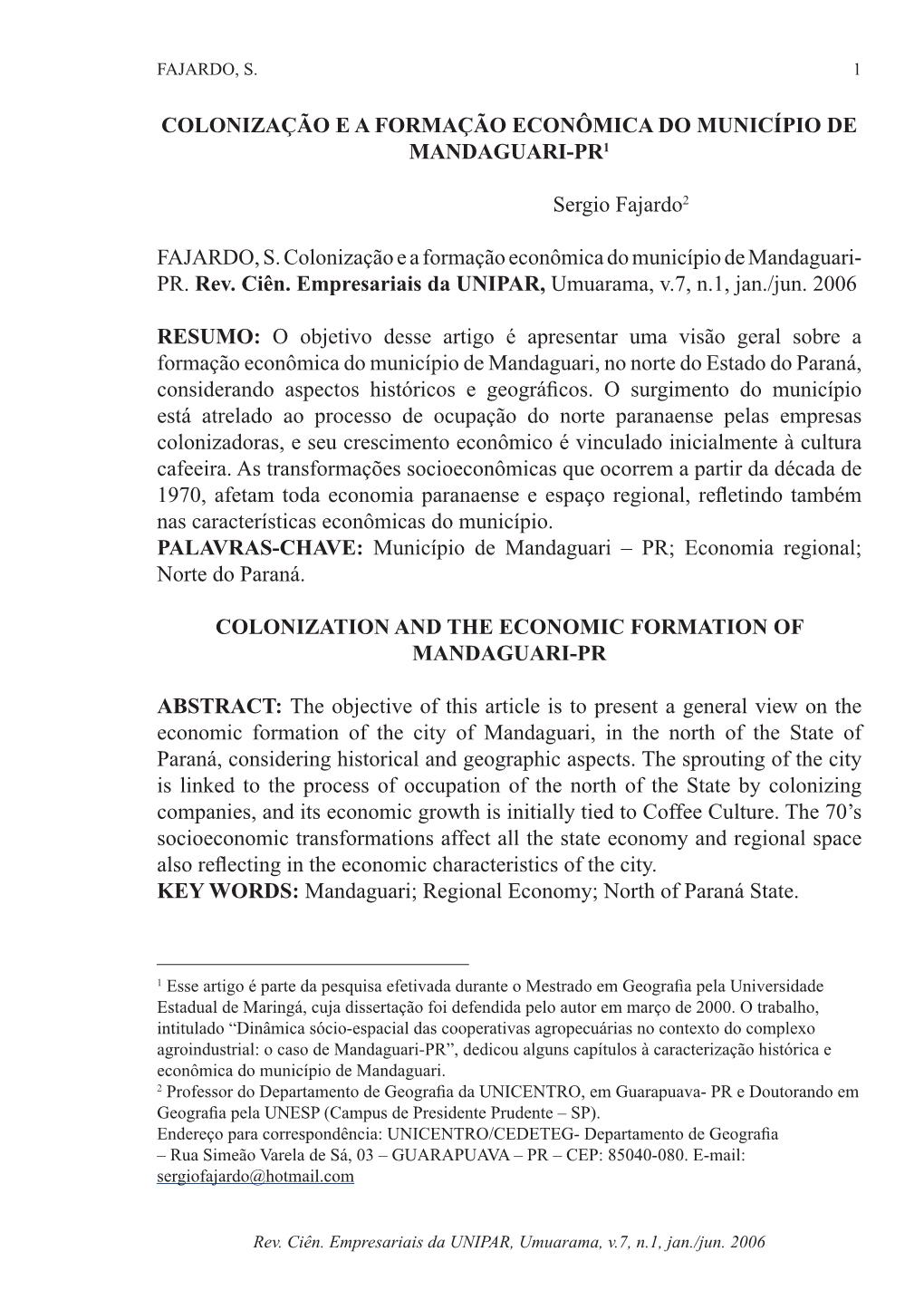 Colonização E a Formação Econômica Do Município De Mandaguari-Pr1