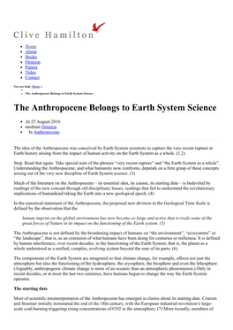 The Anthropocene Belongs to Earth System Science the Anthropocene Belongs to Earth System Science