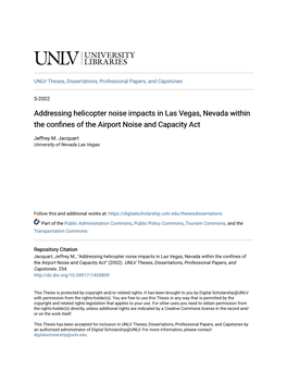 Addressing Helicopter Noise Impacts in Las Vegas, Nevada Within the Confines of the Airport Noise and Capacity Act