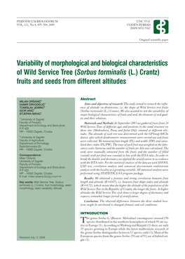 Variability of Morphological and Biological Characteristics of Wild Service Tree (Sorbus Torminalis (L.) Crantz) Fruits and Seeds from Different Altitudes