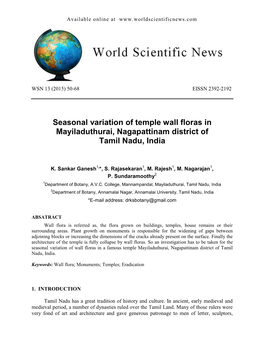 Seasonal Variation of Temple Wall Floras in Mayiladuthurai, Nagapattinam District of Tamil Nadu, India