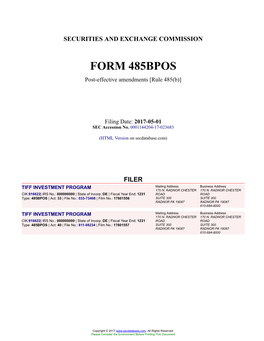 TIFF INVESTMENT PROGRAM Form 485BPOS Filed 2017-05-01