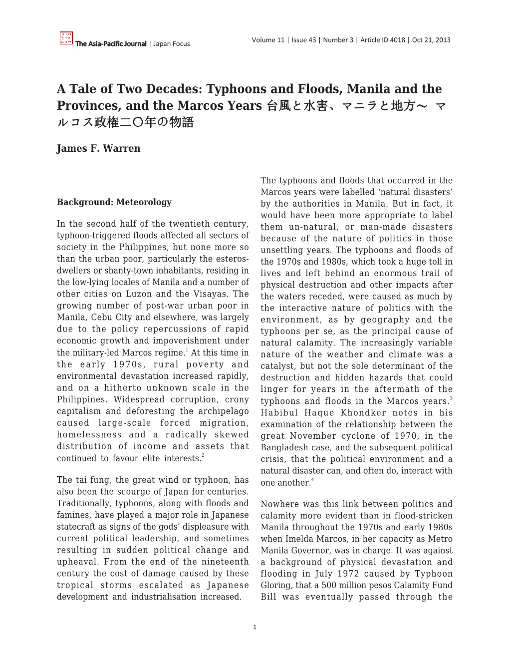 Typhoons and Floods, Manila and the Provinces, and the Marcos Years 台風と水害、マニラと地方〜 マ ルコス政権二〇年の物語