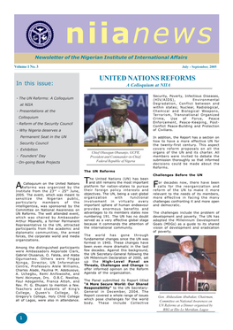 UNITED NATIONS REFORMS in This Issue: a Colloquium at NIIA