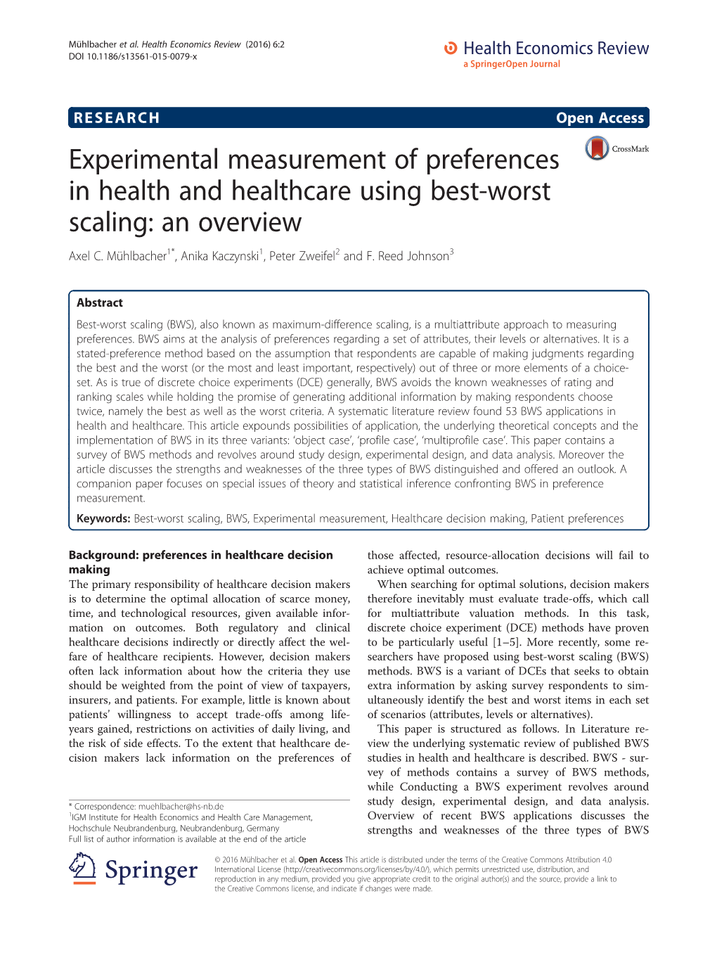Experimental Measurement of Preferences in Health and Healthcare Using Best-Worst Scaling: an Overview Axel C