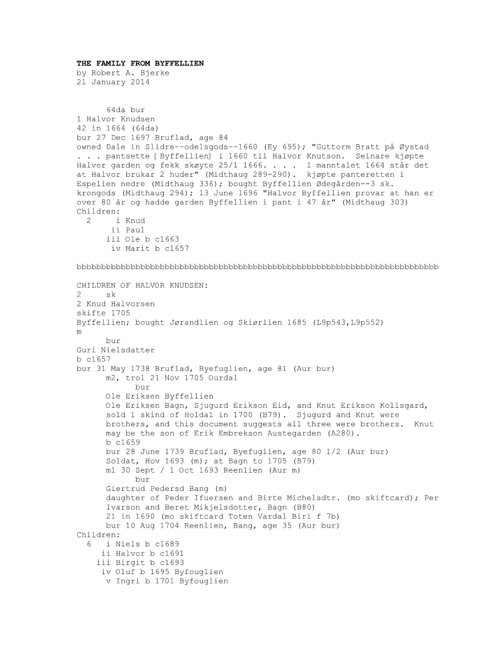 THE FAMILY from BYFFELLIEN by Robert A. Bjerke 21 January 2014 64Da Bur 1 Halvor Knudsen 42 in 1664 (64D