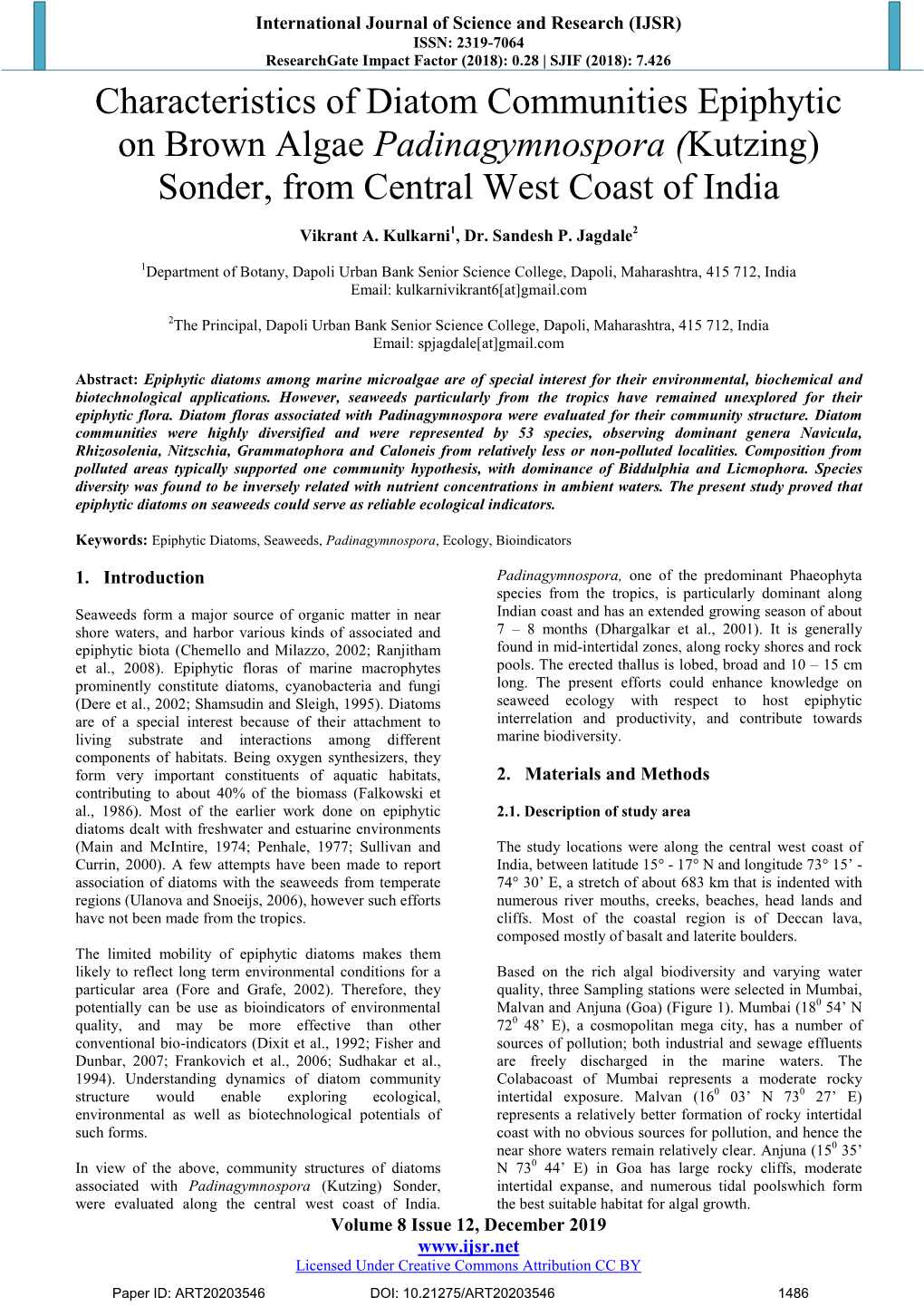 Characteristics of Diatom Communities Epiphytic on Brown Algae Padinagymnospora (Kutzing) Sonder, from Central West Coast of India