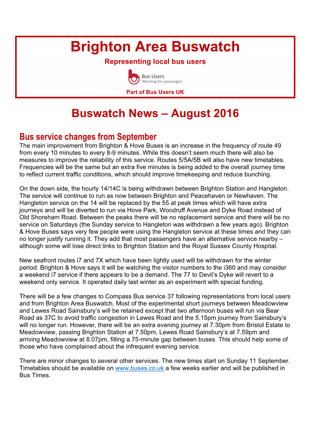 Brighton Area Buswatch Representing Local Bus Users