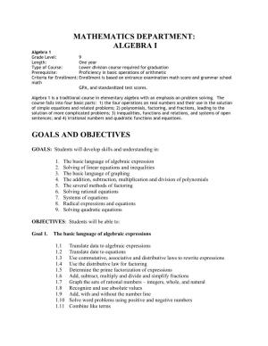 Algebra I Goals and Objectives