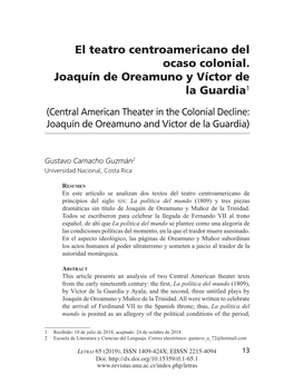 El Teatro Centroamericano Del Ocaso Colonial. Joaquín De Oreamuno Y Víctor De La Guardia1