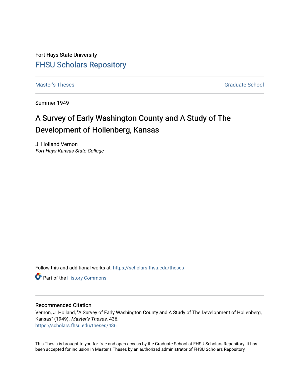 A Survey of Early Washington County and a Study of the Development of Hollenberg, Kansas