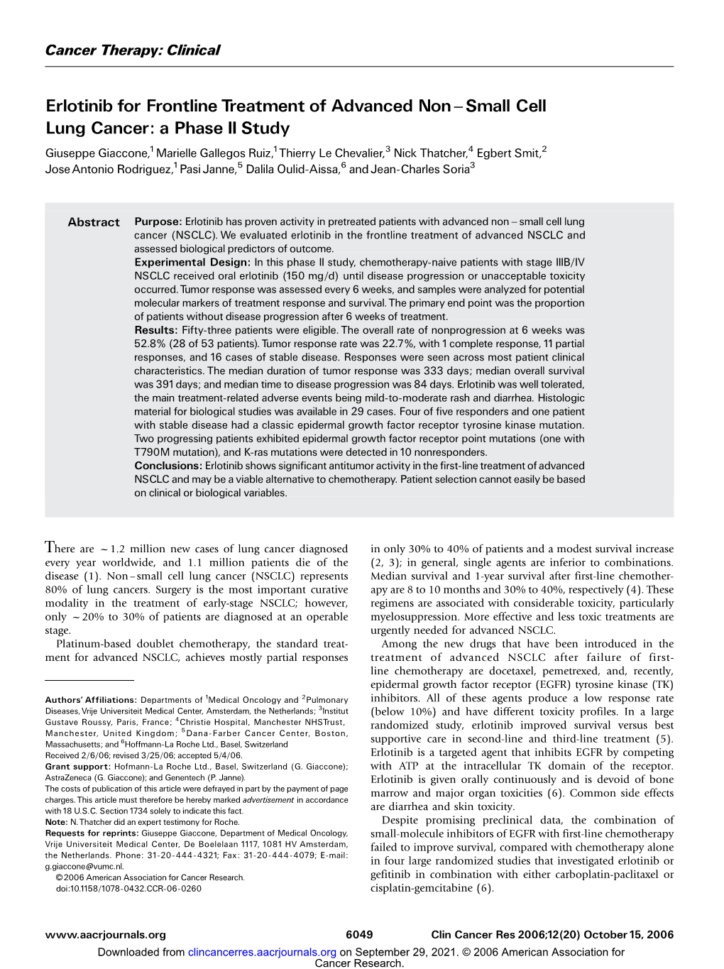 Erlotinib for Frontline Treatment Of