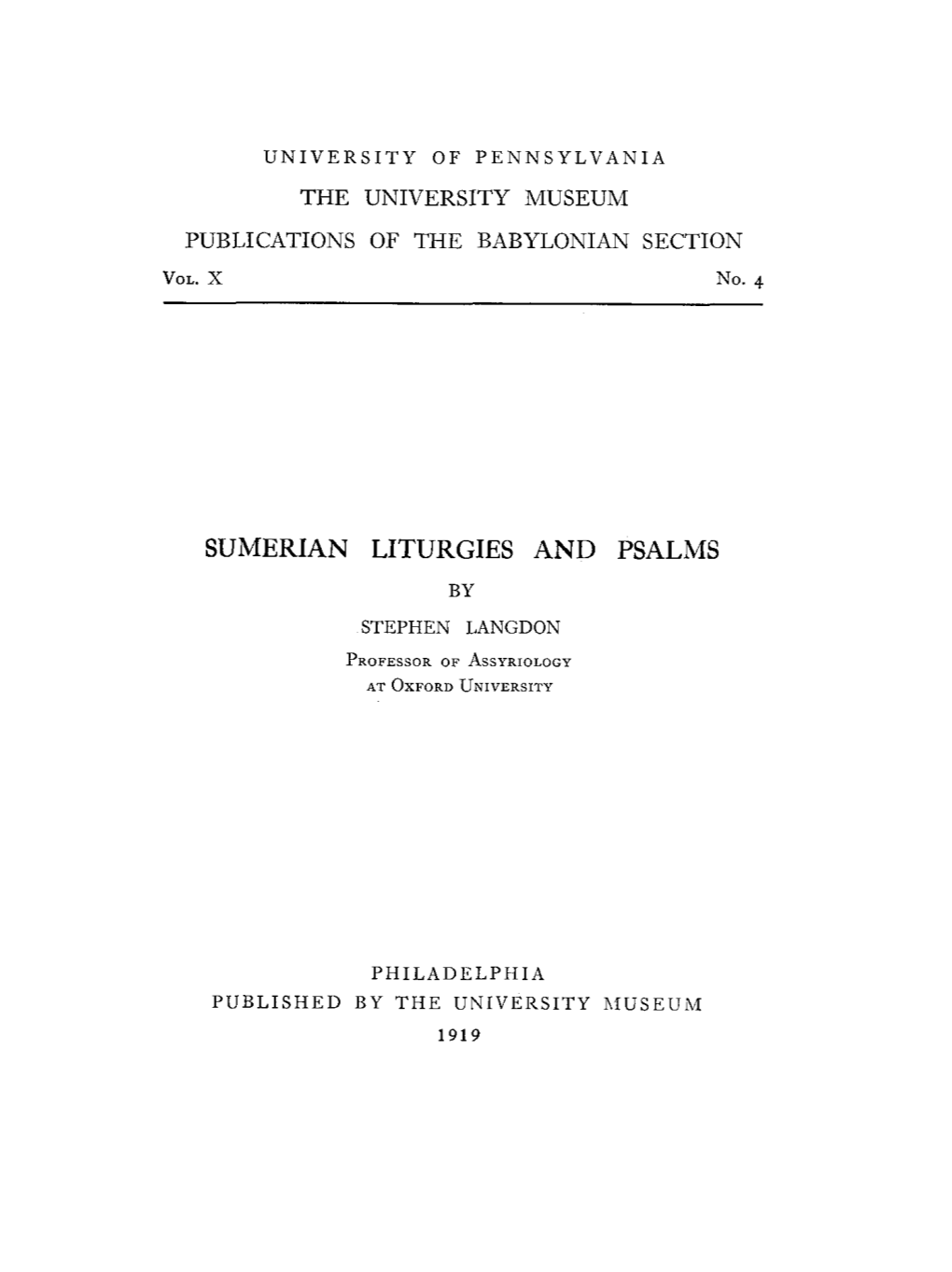 Sumerian Liturgies and Psalms