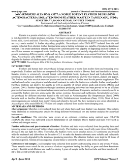 Nocardiopsis Alba Dms 43377:A Noble Potent Feather Degrading Actinobacteria Isolated from Feather Waste in Tamilnadu, India